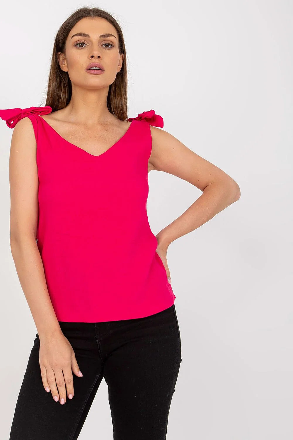 Top sans manches femme coupe droite décolleté V nœuds épaules style moderne couleur bleu vif polyester 100%_taille unique