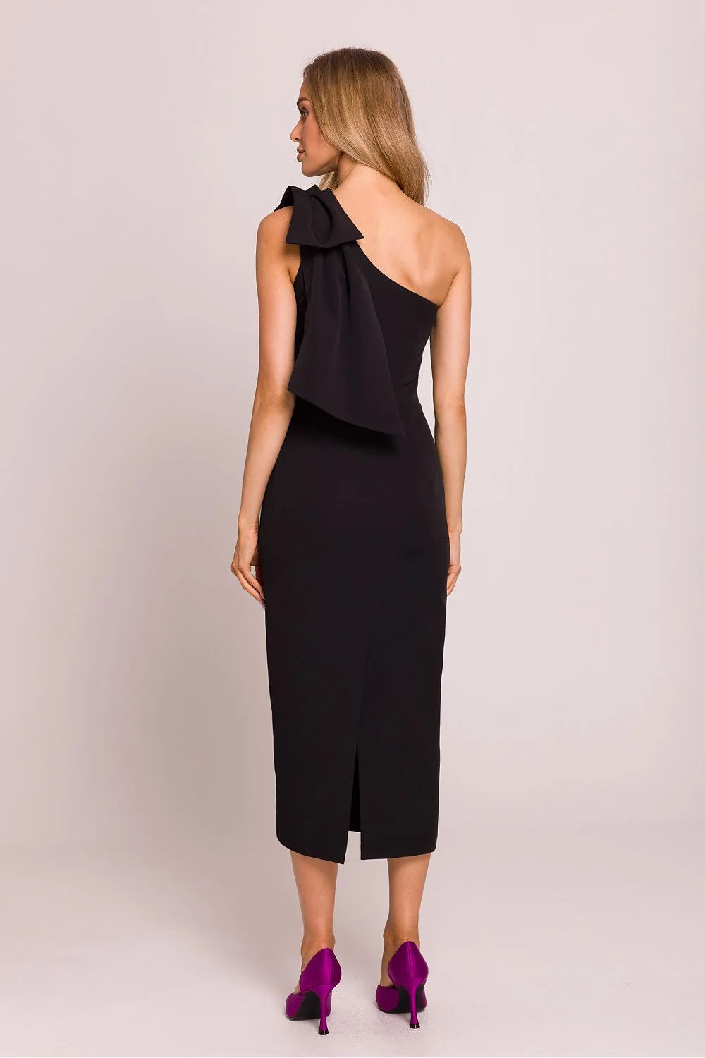 Robe de cocktail élégante noire coupe asymétrique nœud drapé soirée mariage femme taille ajustable polyester viscose