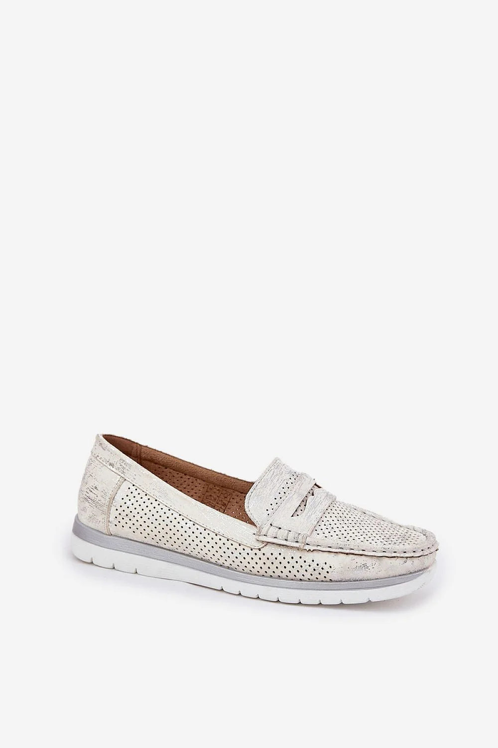 Mocassins pour femmes élégants style classique perforations cuir artificiel semelle caoutchouc blanc confort quotidien
