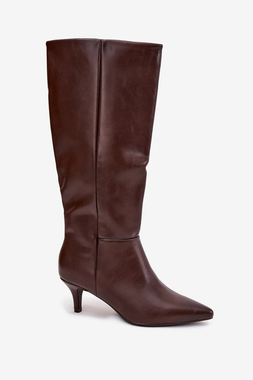 bottes femme hautes marron cuir ecologique lisse tige montante genou bout pointu talon kitten bas doublure fourrure confortable