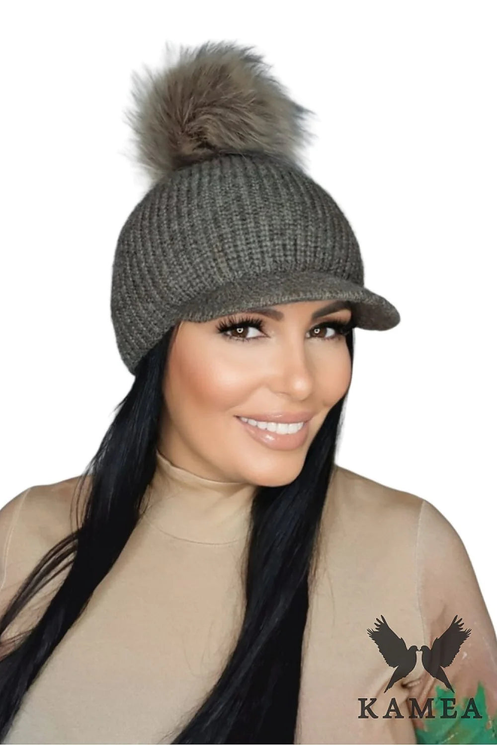 Bonnet d'hiver pour femme en laine tricotée gris foncé avec visière et pompon en fausse fourrure