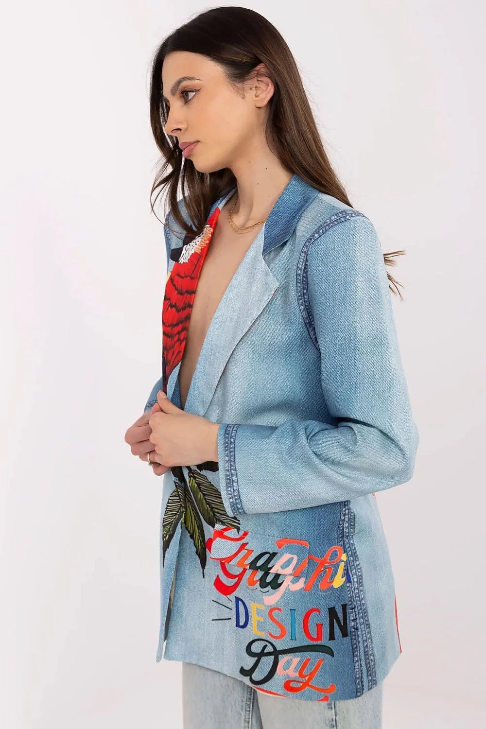 Veste blazer longue pour femme style denim imprimé perroquet manches longues coupe ajustée occasionnal