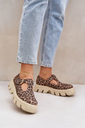 chaussures basses femme Mary Jane imprimé léopard cuir suédé bride T boucle dorée semelle crantée beige plateforme épaisse confortable antidérapante