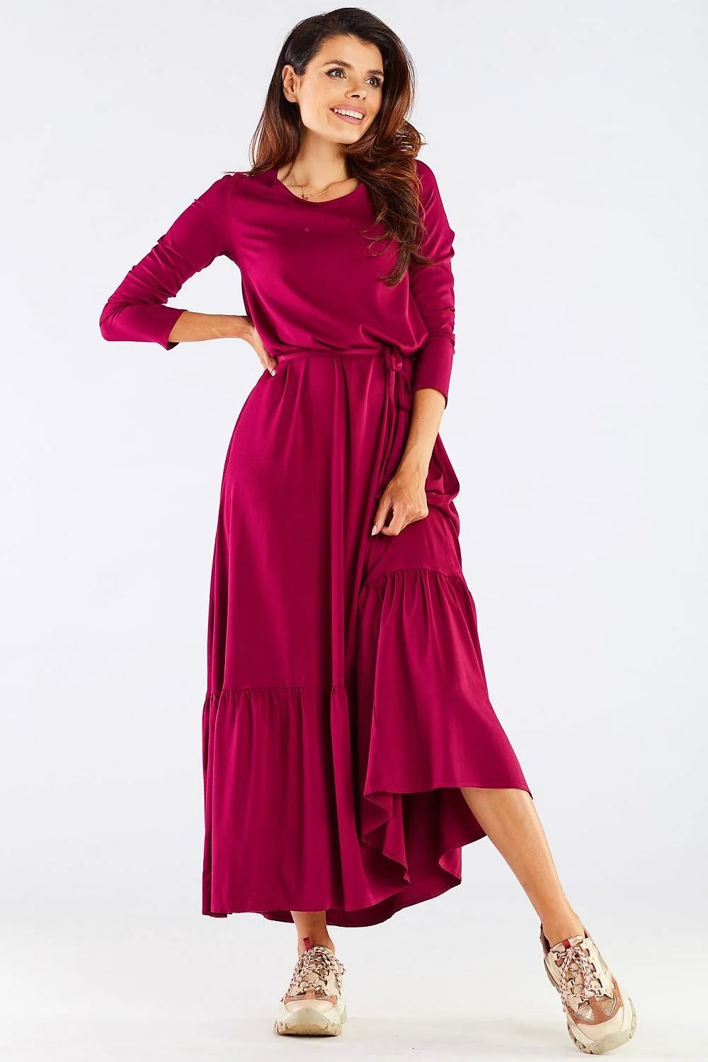 Robe longue viscose framboise élégante manches longues ceinture ajustable fluide décontractée soirée féminine moderne