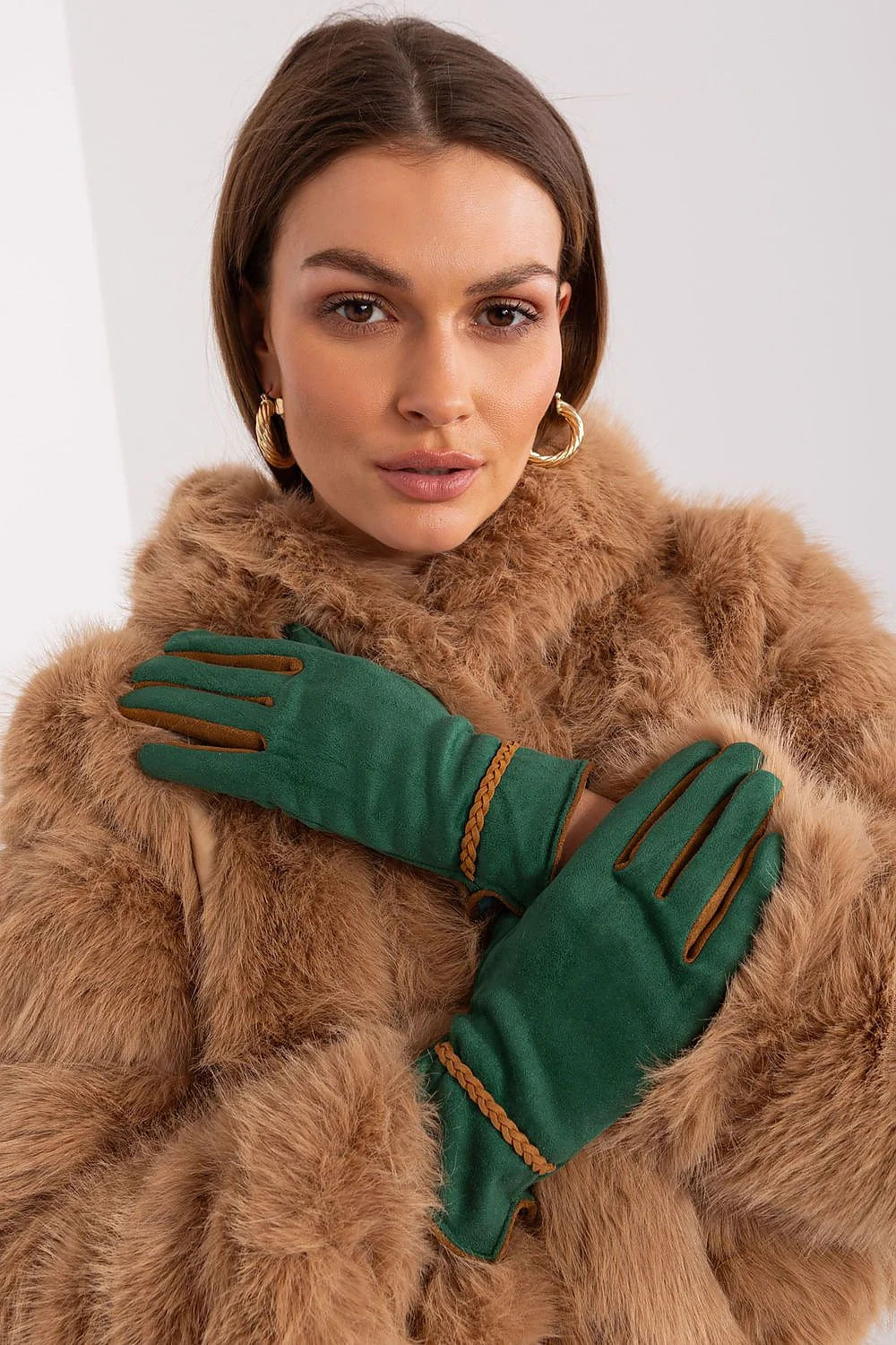 Gants élégants en tissu lisse contrastés pour femmes avec broderies et bretelles tressées polyester spandex mode hiver