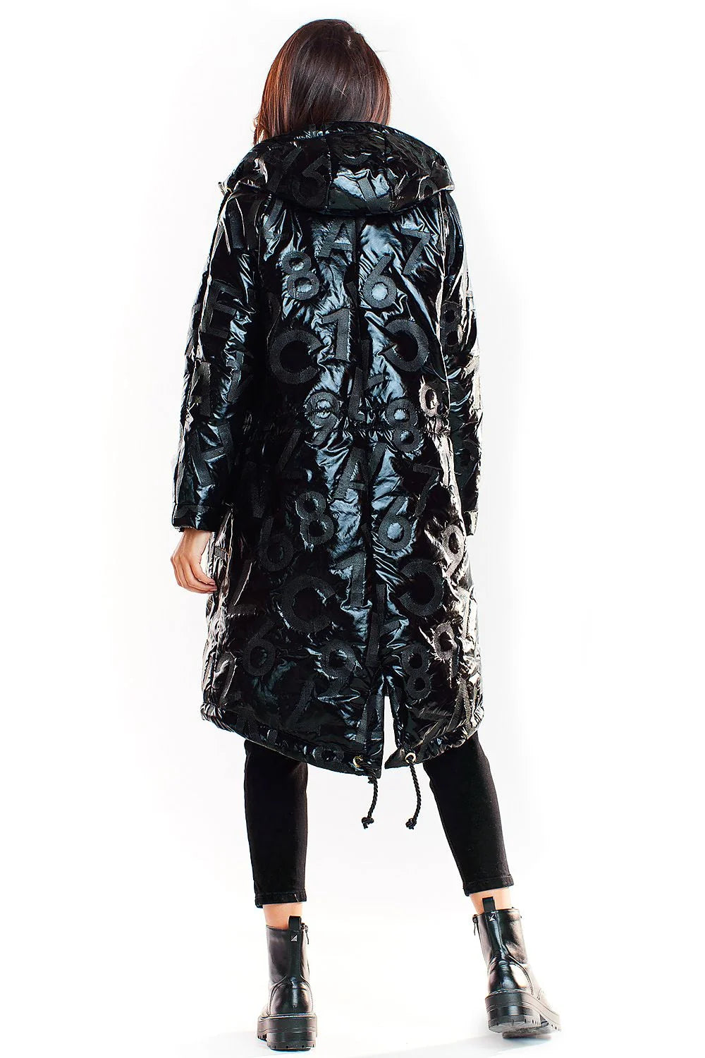 Manteau oversize brillant polyester femme moderne capuche intégrée fermeture éclair style polonais contrasté élégant
