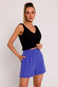 ensemble chic décontracté haut sans manches encolure V court maille stretch ajusté shorts évasés taille haute violet électrique