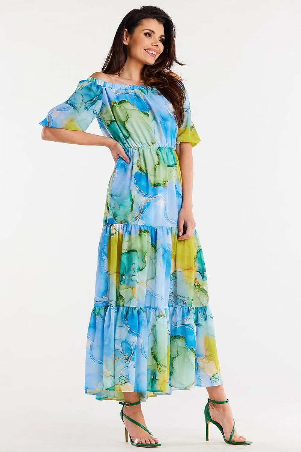 Robe de jour bohème multicolore en mousseline longue manches courtes élastique à la taille pour femme