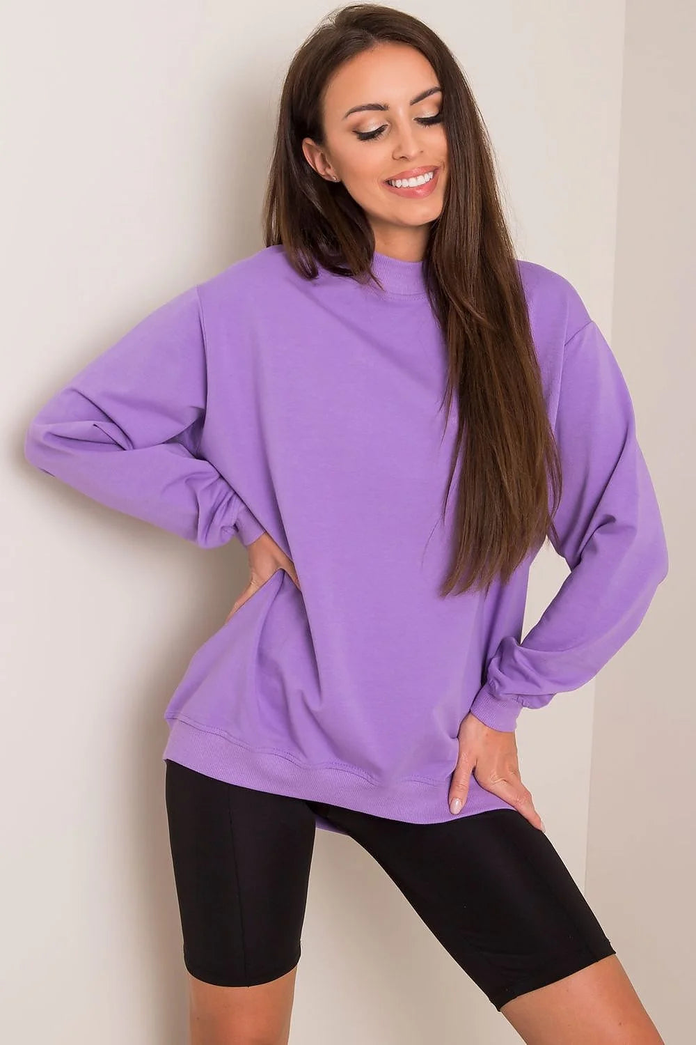 Sweatshirt BFG pour femme en coton 90% élasthanne 10%, style casual oversize, couleur bleu vif, manches longues, col rond côtelé, idéal pour tenues urbaines et décontractées