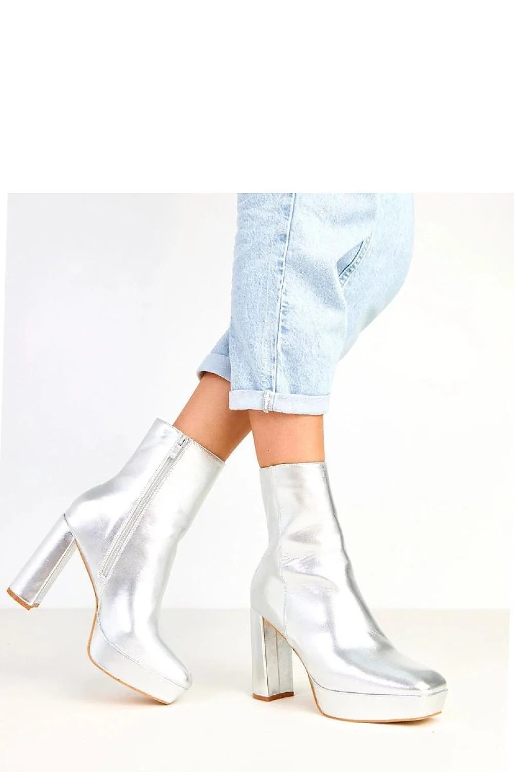 bottines argentées femme cuir synthétique effet miroir talon bloc 11cm plateforme 25mm tige 16cm fermeture éclair semelle caoutchouc