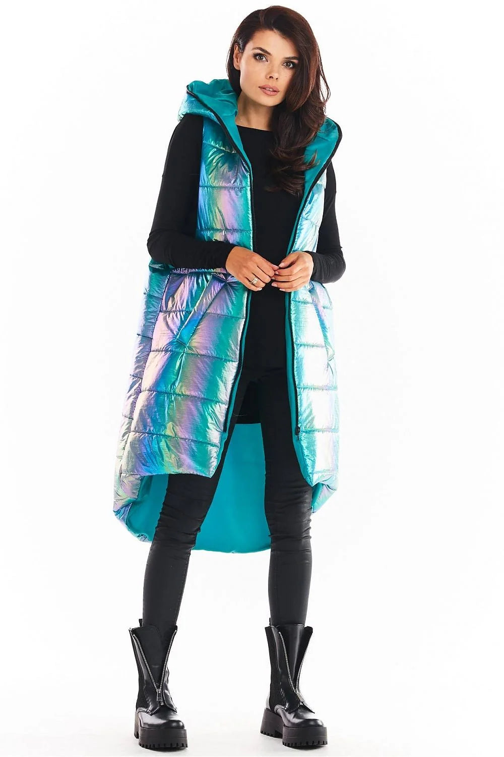 Gilet sans manches irisé synthétique moderne avec capuche pour femmes urbaines tendances en bleu menthe