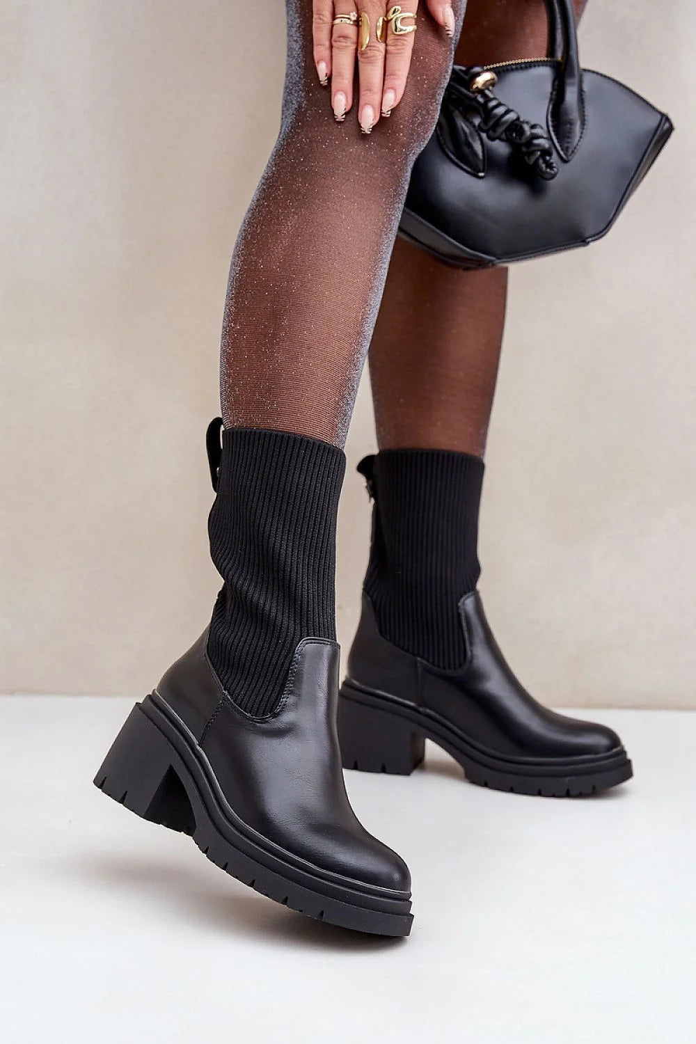Bottes femmes talon bloc cuir écologique tissu noir tige élastique bottines modernes Chelsea style