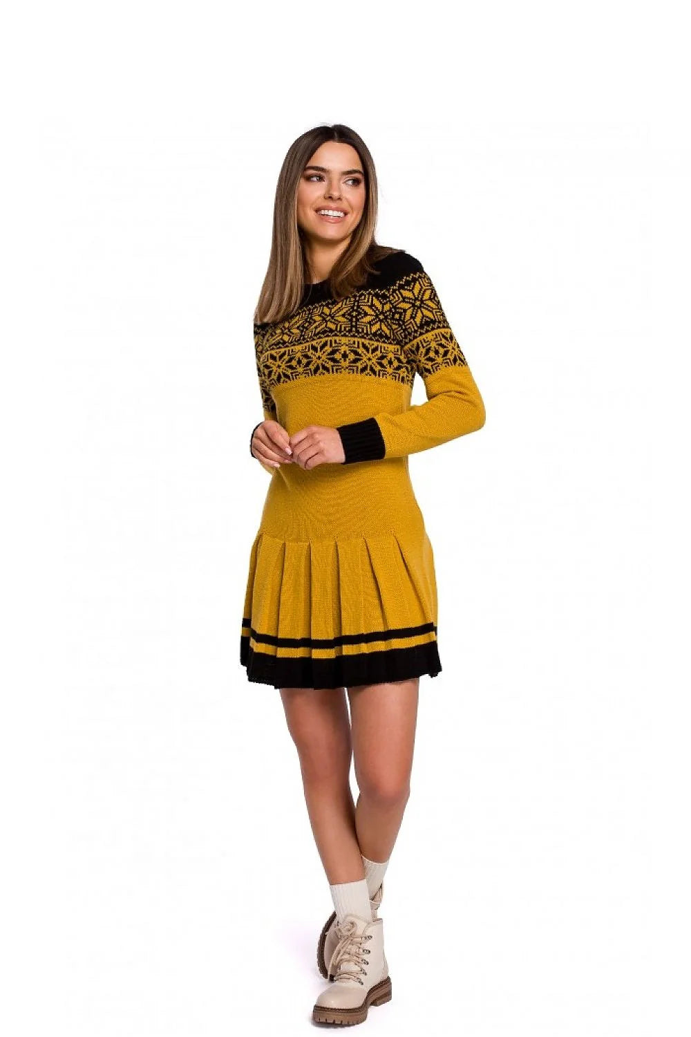 Robe en maille élégante automne-hiver jacquard confortable jaune moutarde manches longues femme tendance casual