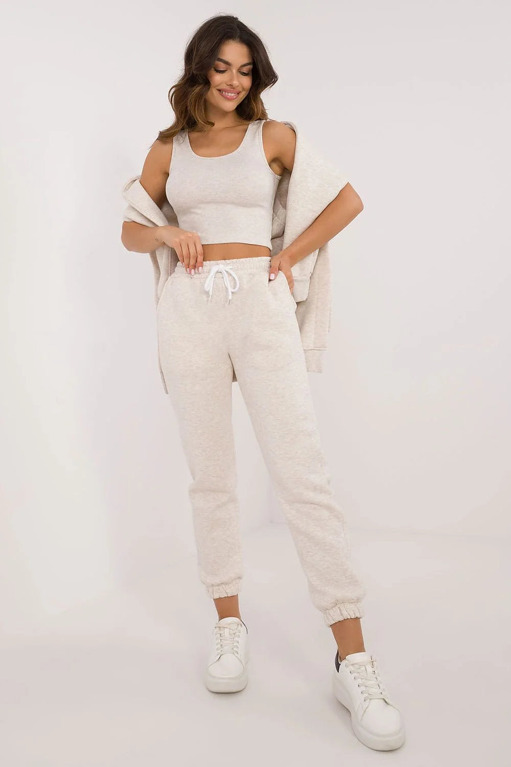 Ensemble décontracté femme hoodie pantalon coton polyester automne hiver beige clair coupe ample élastique sportswear mode
