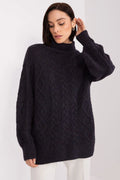 pull col roulé torsadé losange tricot oversize bleu marine maille épaisse manches bouffantes côtelées doux chaud confortable laine cachemire intemporel