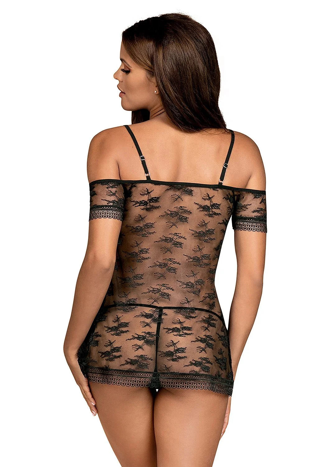Ensemble de lingerie sexy Obsessive en dentelle noire, satin, épaules nues, buste orné, taille L/XL