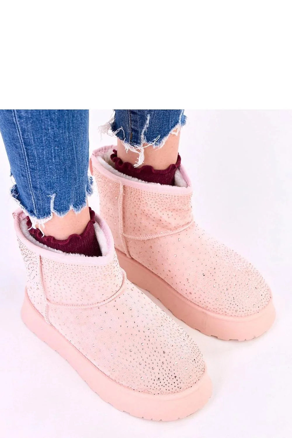 bottines neige femme cheville faciles doublées fourrure suédine synthétique rose poudré strass scintillants semelle plateforme épaisse crantée antidérapante chaude confortable