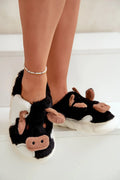 pantoufles stepinstyle femme motif vache peluche douce noir blanc marron museau oreilles relief semelle epaisse rembourree maintien amorti confort cosy
