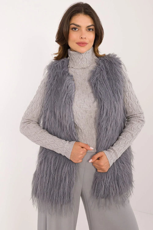 Gilet sans manches en fausse fourrure grise cendrée style décontracté pull col roulé motif torsadé pantalon large femme