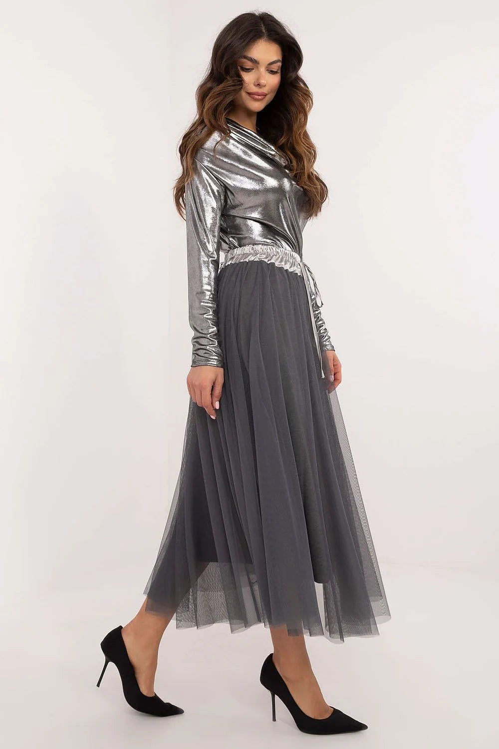 Robe longue moderne élégante robe femme haut métallisé argenté jupe large tulle transparent taille ajustable occasion formelle