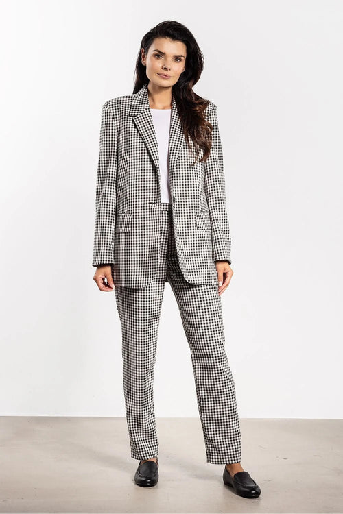 blazer femme carreaux vichy noir oversize coupe droite col tailleur cranté fermeture bouton poches rabat manches longues structuré