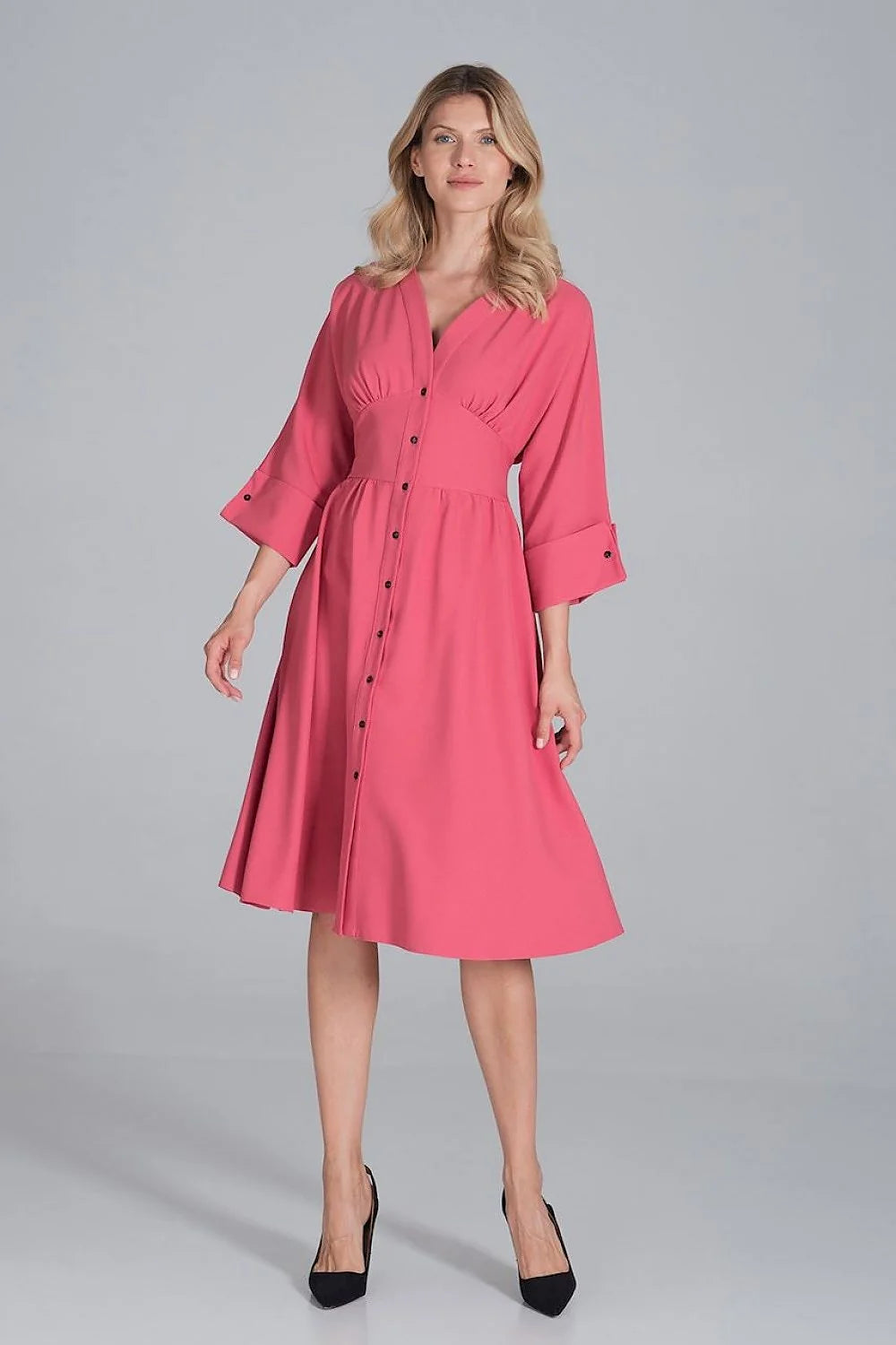 Robe midi polyester élégante rose vive manches trois-quarts boutons col V femme mode chic