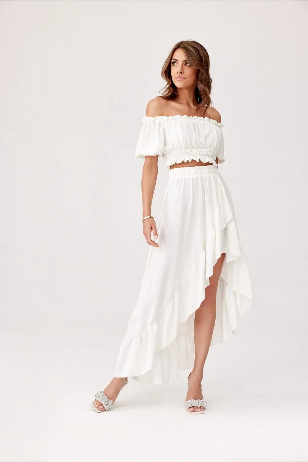 Ensemble fashion femme crop top épaules ouvertes volants asymétrique jupe longue summer coton blanc élégant romantique