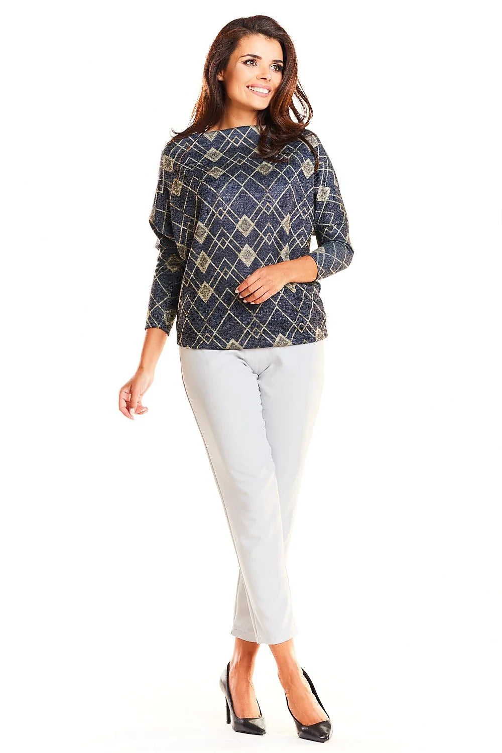 Pull bleu marine motifs dorés géométriques élégant ample confortable idéal femmes modernes style décontracté