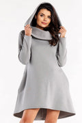 Robe-pull à capuche pour femme, robe trapèze ample, manches longues, capuche volumineuse, poches latérales, tissu coton polyester, style moderne décontracté, robe grise polyvalente
