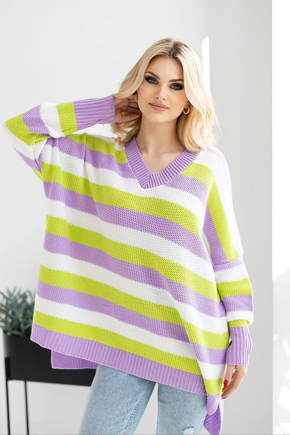 Pull femme moderne ample rayures colorées lavande vert citron manches longues col rond côtelé casual été hiver