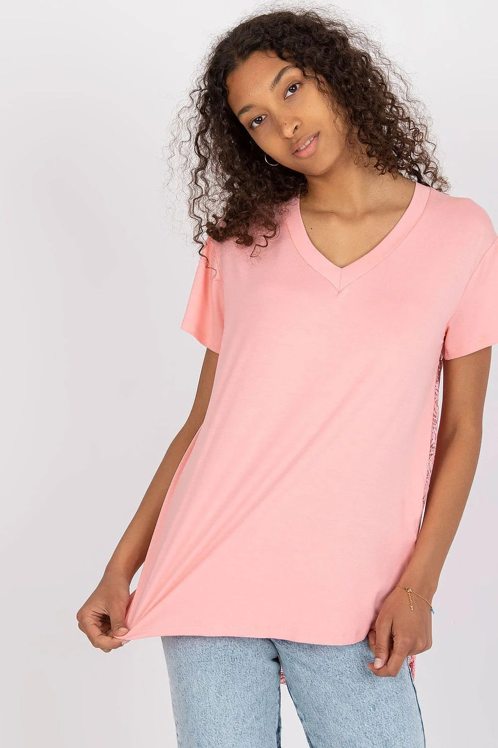 T-shirt femme design élégant coupe ample col V manches courtes dos prolongé dentelle couleur verte vive