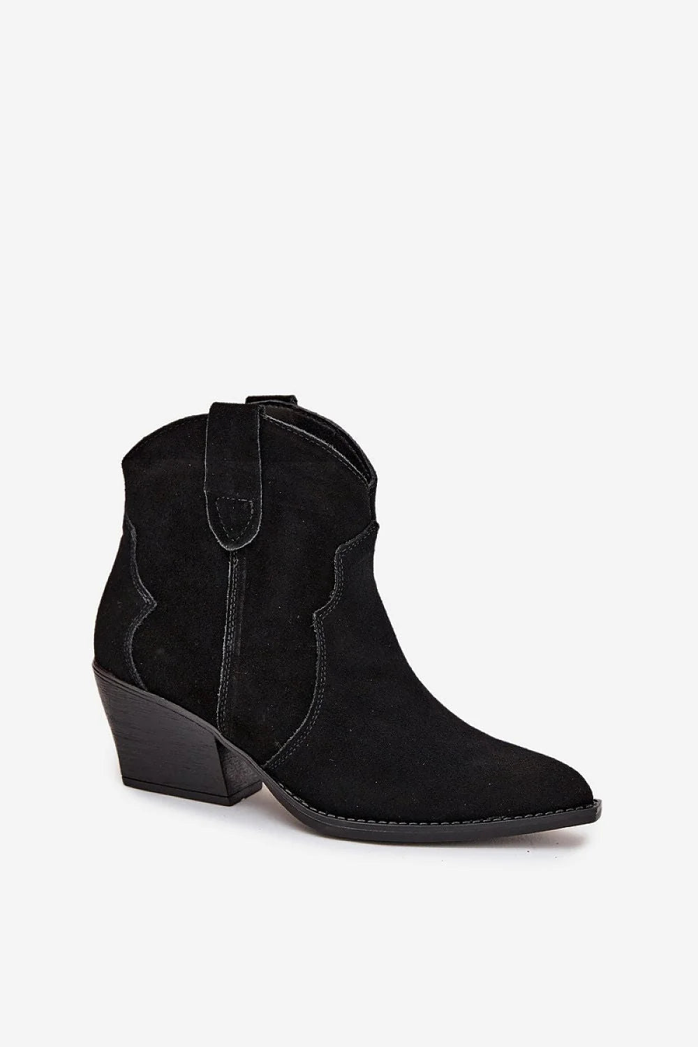 bottines femme suède noir western bout pointu talon bloc moyen hauteur cheville languettes enfilage surpiqûres décoratives doublure fourrure chaude