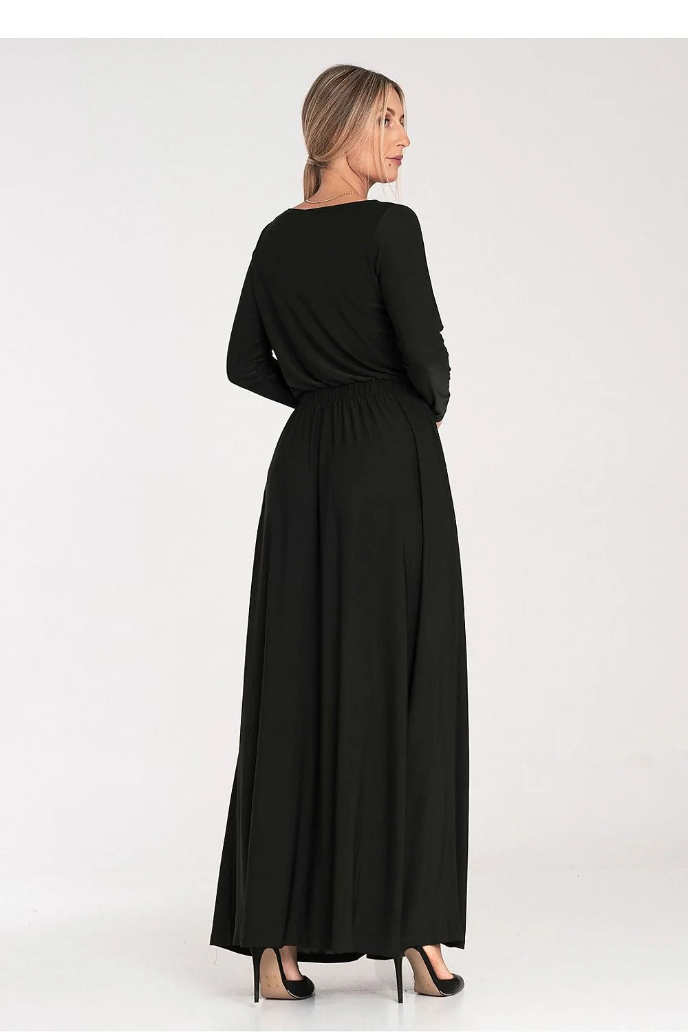 Robe de jour Figl longue manches longues en bateau ceinture élastique polyester elasthanne noire femmes