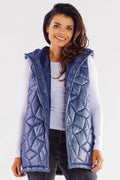 gilet matelassé femme longue capuche satiné polyester isolant léger motif losanges géométrique pressions col relevé bleu marine noir