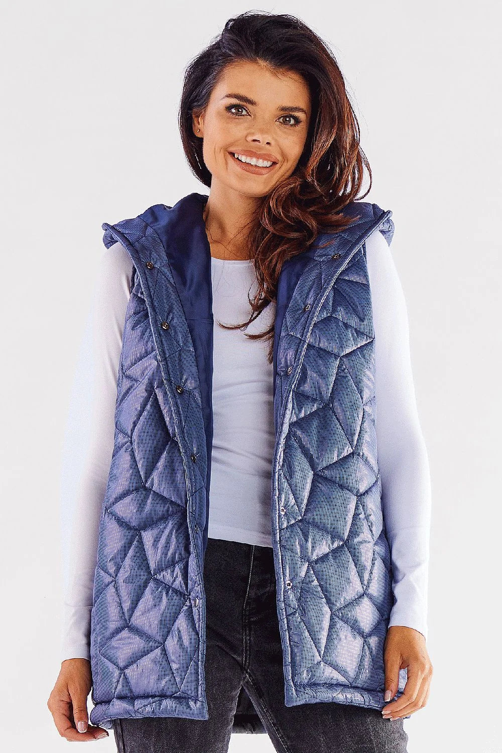gilet matelassé femme longue capuche satiné polyester isolant léger motif losanges géométrique pressions col relevé bleu marine noir