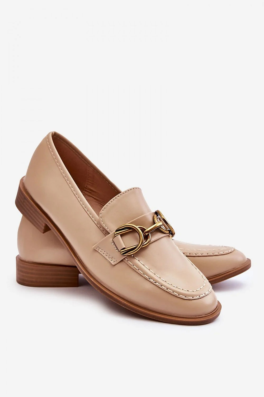 mocassins femme beige simili cuir écologique mors métal doré petit talon bas semelle antidérapante surpiqûres élégants confortables polyvalents