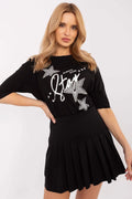 Ensemble de mode féminine haut manches 3/4 jupe plissée noire motifs étoiles argentées Stay Always Star
