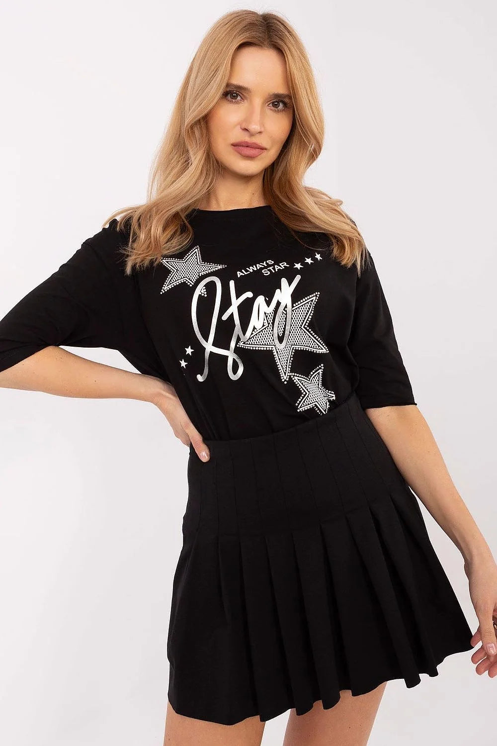 Ensemble de mode féminine haut manches 3/4 jupe plissée noire motifs étoiles argentées Stay Always Star