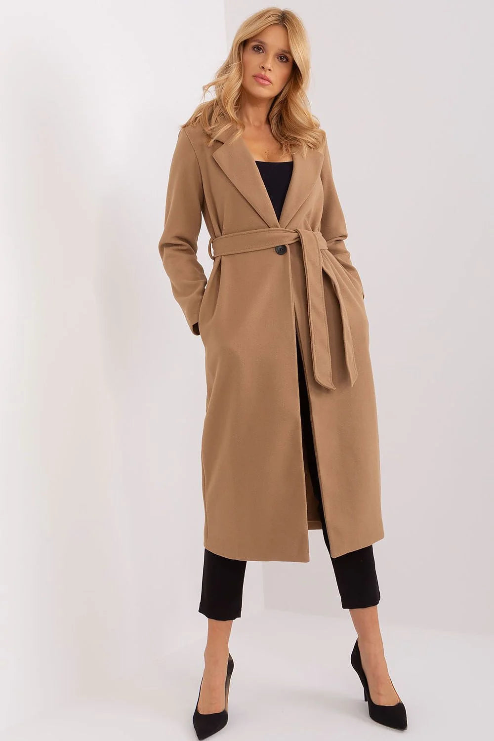 Manteau pour femme élégant long col à revers en laine beige style trench occasionnels automne hiver