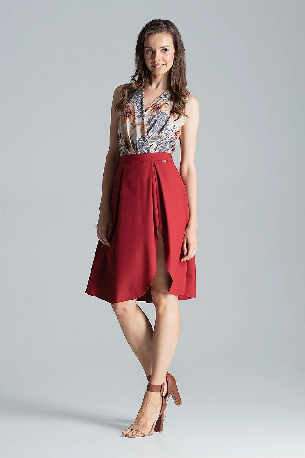 Jupe évasée polyester rouge bordeaux chic et élégante taille ajustable femme mode tendance moderne