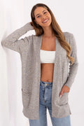 cardigan femme long ouvert maille fine gris chiné manches longues coupe relaxed poches plaquées finitions côtelées poignets ourlet léger confortable