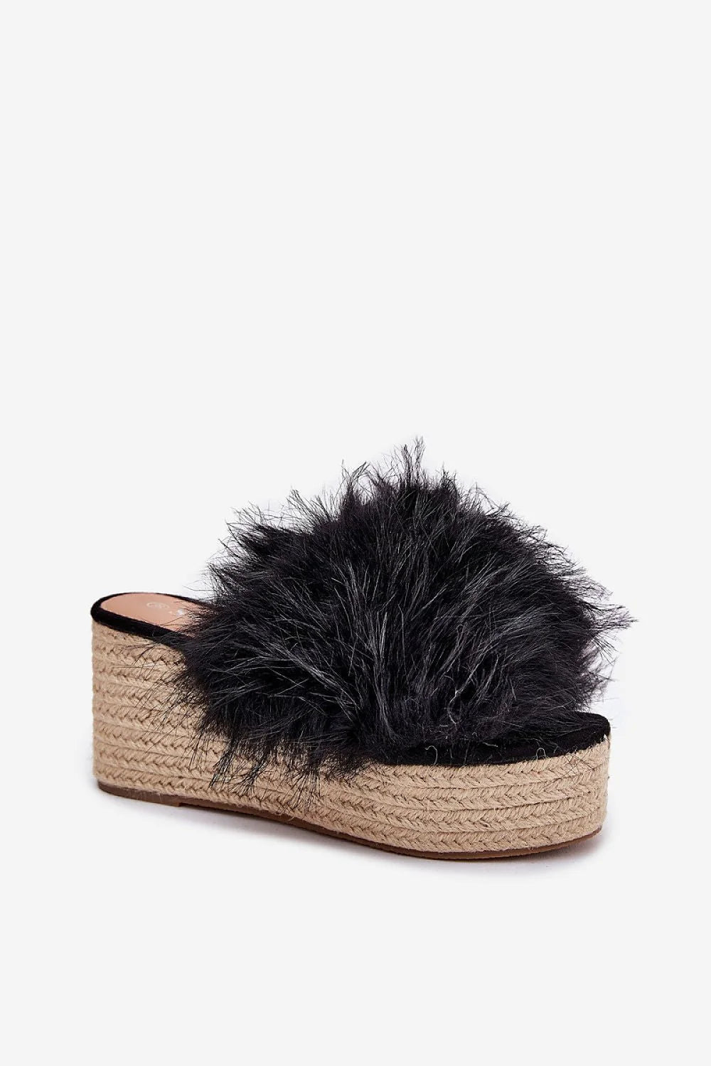 Sandales compensées pour femme style moderne audacieux fausse fourrure noire semelle tressée été 2023