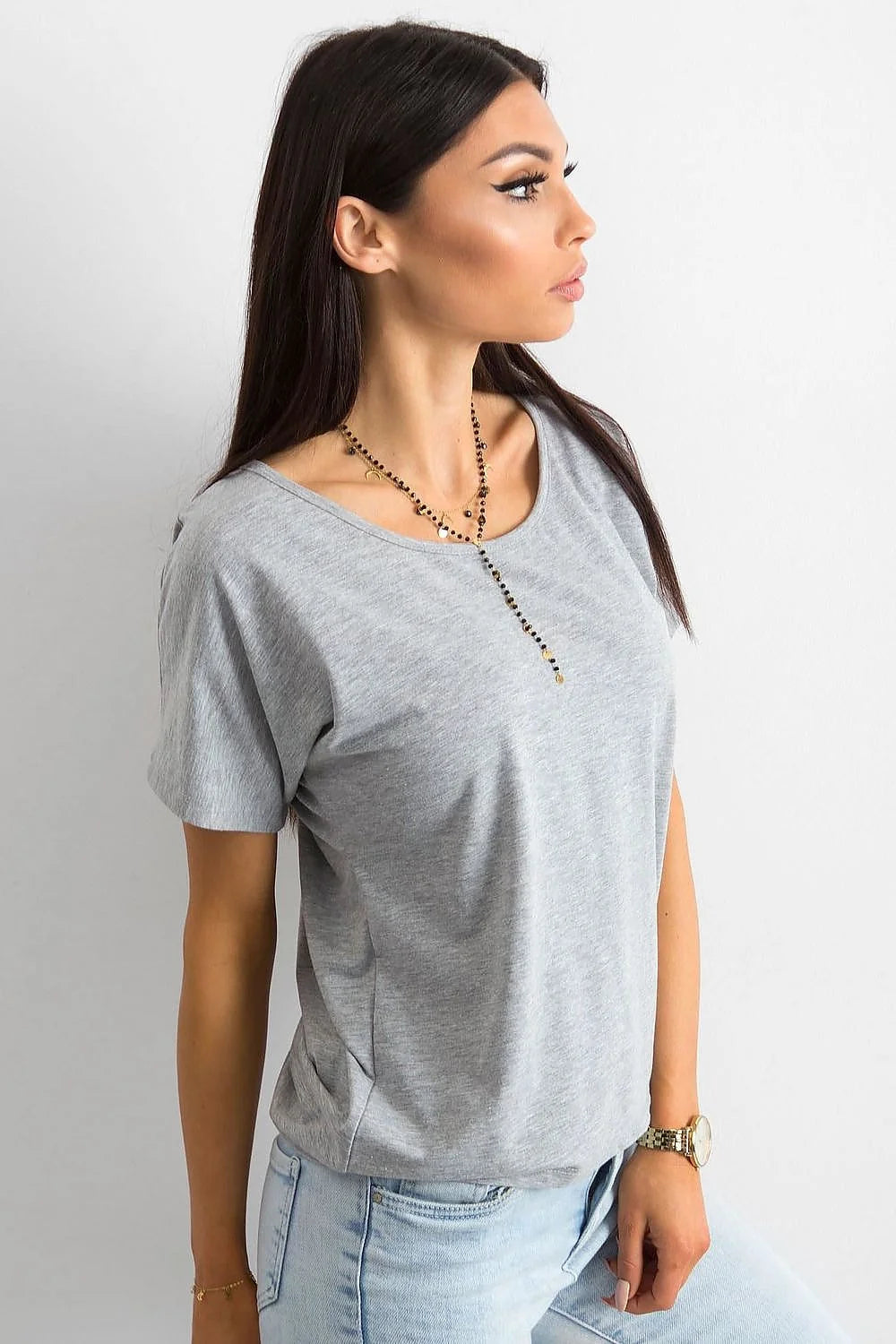 T-shirt BFG femme manches courtes encolure ronde fente dos coton élasthanne taille ajustable mode casual