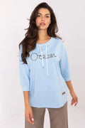 chemisier sweat femme casual tunique bleu ciel col rond cordons blancs manches trois quarts molleton coton stretch broderie