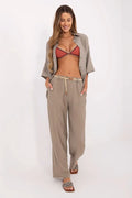 Pantalon femme Italy Moda large bohème beige viscose lin ceinture corde ajustable été décontracté