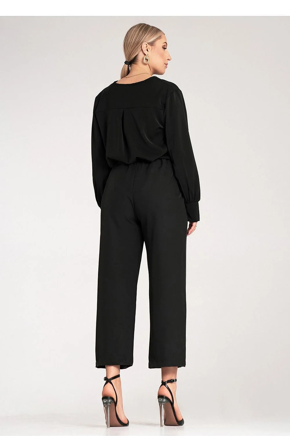 pantalon femme Figl cropped taille haute ceinturé boutons décoratifs slim fit coupe tailleur fluide crêpe polyester elasthanne noir élégant sophistiqué