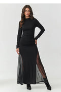 robe longue maxi noire femme moulante cintrée col montant manches longues maille stretch fronces taille fentes latérales tulle transparent sexy