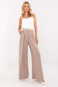 pantalon palazzo femme taille haute taupe jambe large plis frontaux poches latérales viscose polyester élasthanne drapé ceinture plate longueur soirée