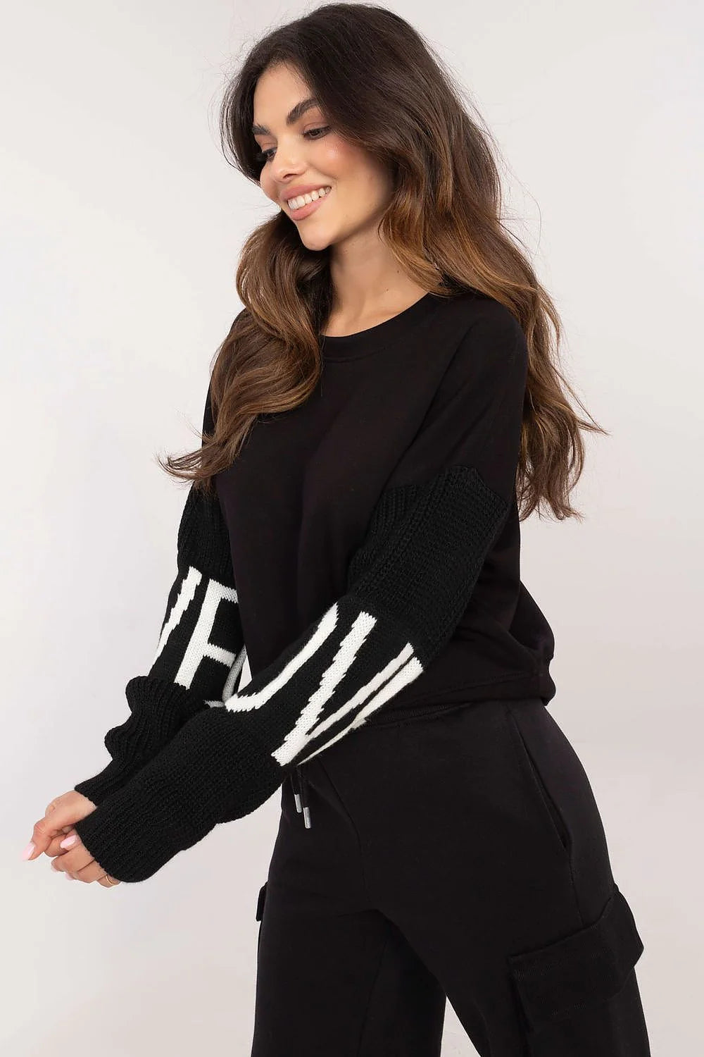 ensemble casual femme deux pièces noir rayures manches longues oversize coupe ample pantalon taille élastique poches cordons argentés