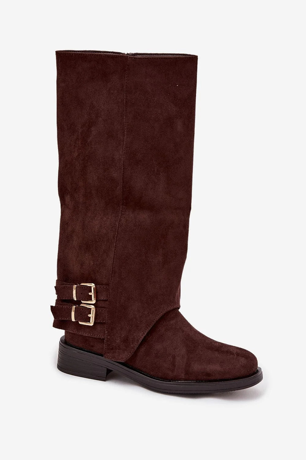 cuissardes suède écologique marron foncé slouchy bout arrondi talon bas empilé fermeture éclair intérieure sangles décoratives boucles dorées